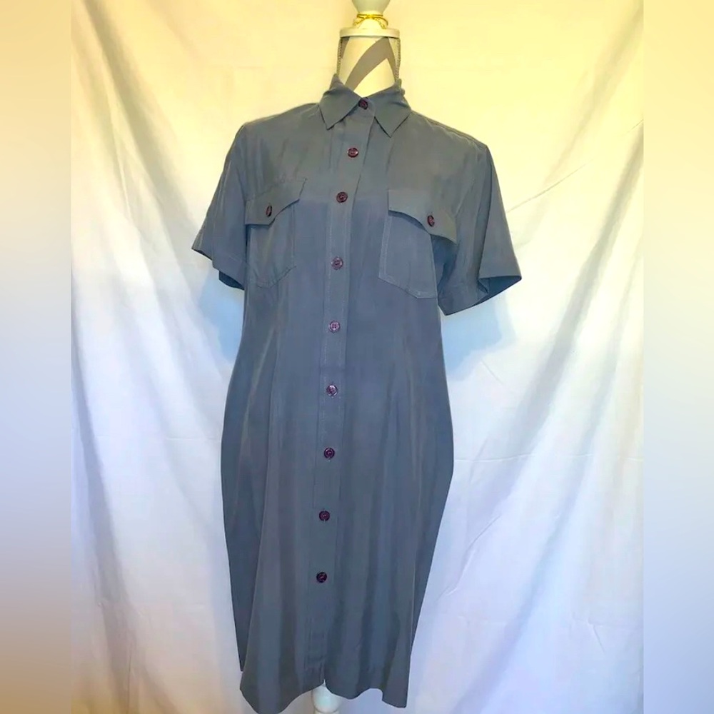 NWT! Saks Fifth Avenue Folio 100% Silk Button Down Dress Gray Short Sleeve ~Sz.M